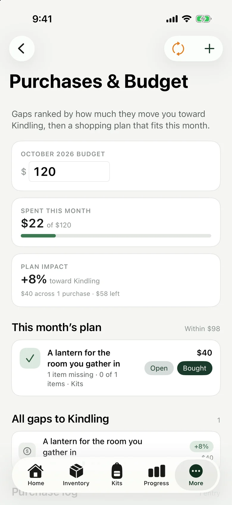 Purchases and Budget screen: a 120 dollar monthly budget, with a 40 dollar lantern as this month's plan, worth 8 percent toward the next rank.