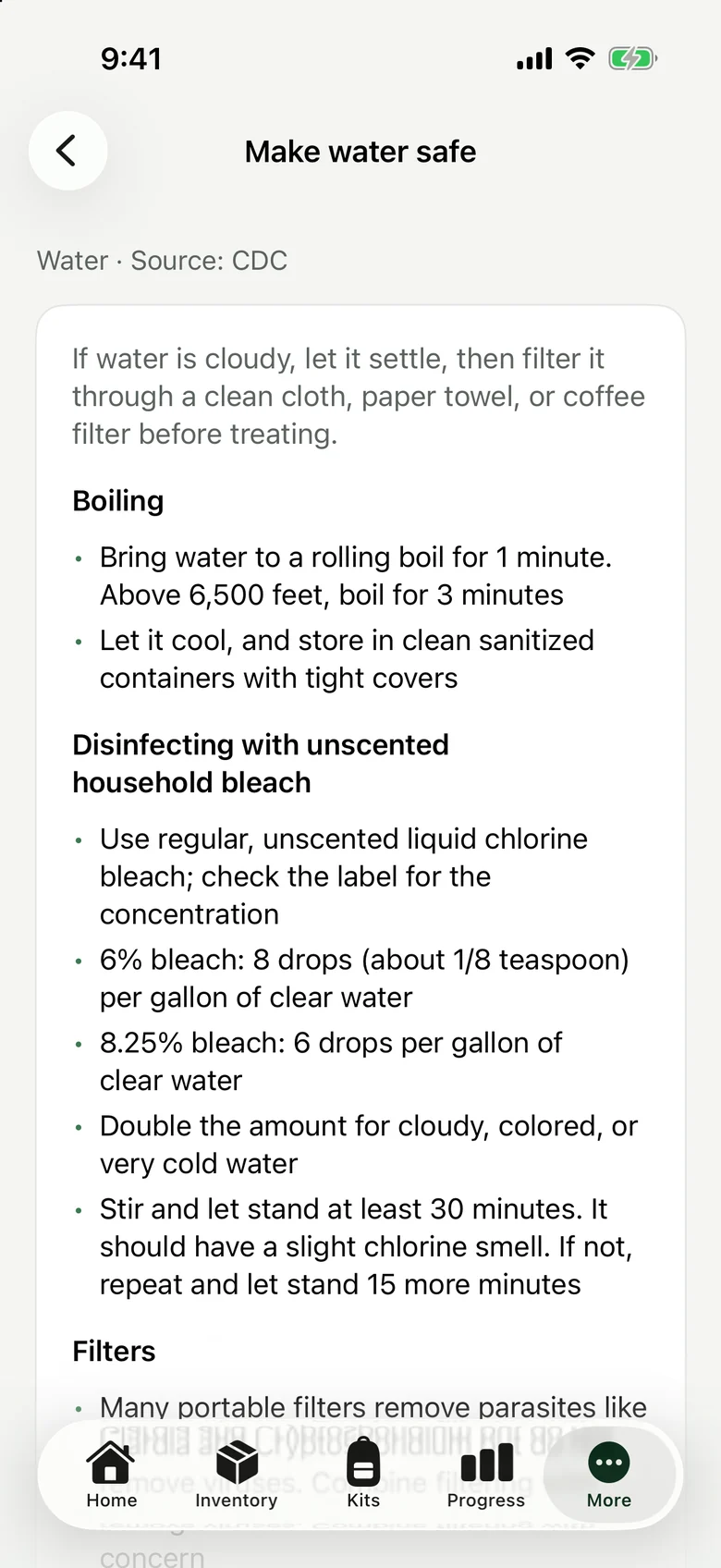 Knowledge article: Make water safe, with boiling times and bleach amounts per gallon.