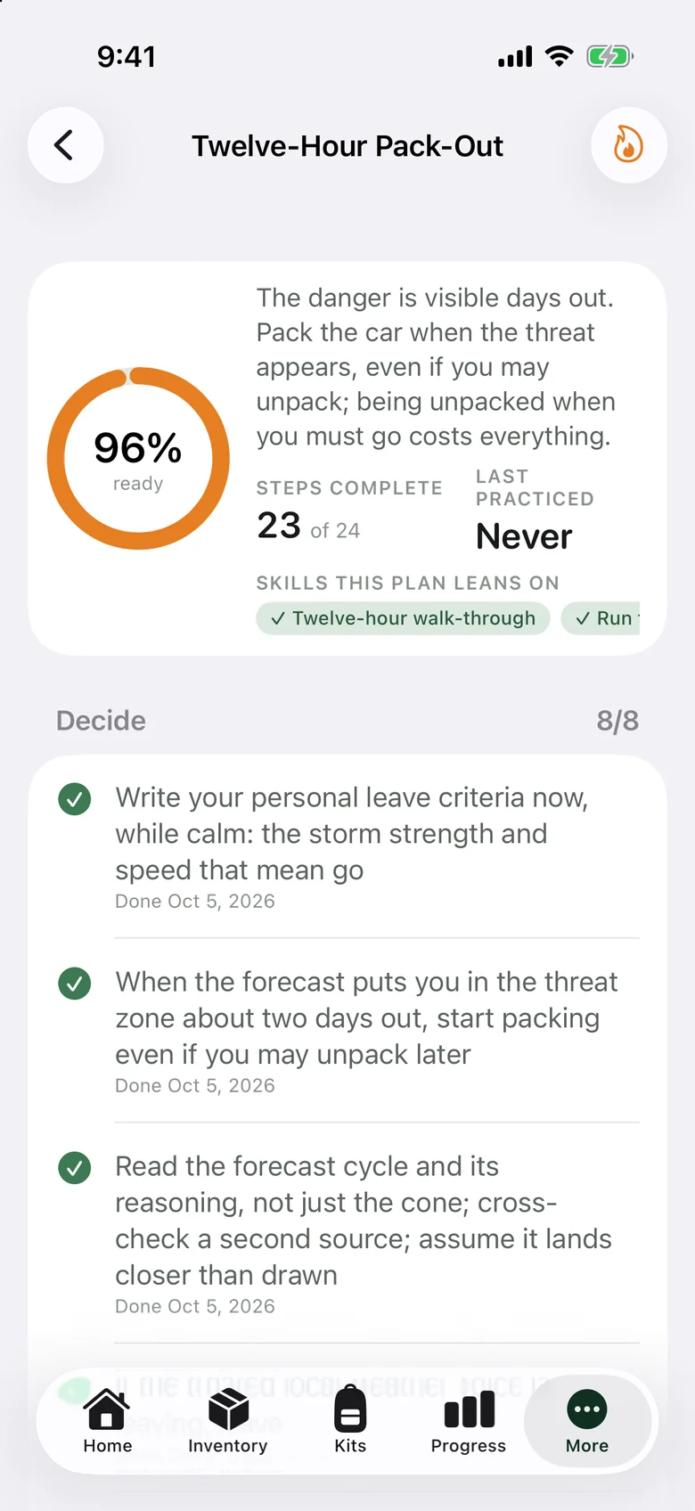Twelve-Hour Pack-Out plan at 96 percent, starting with deciding when to leave.